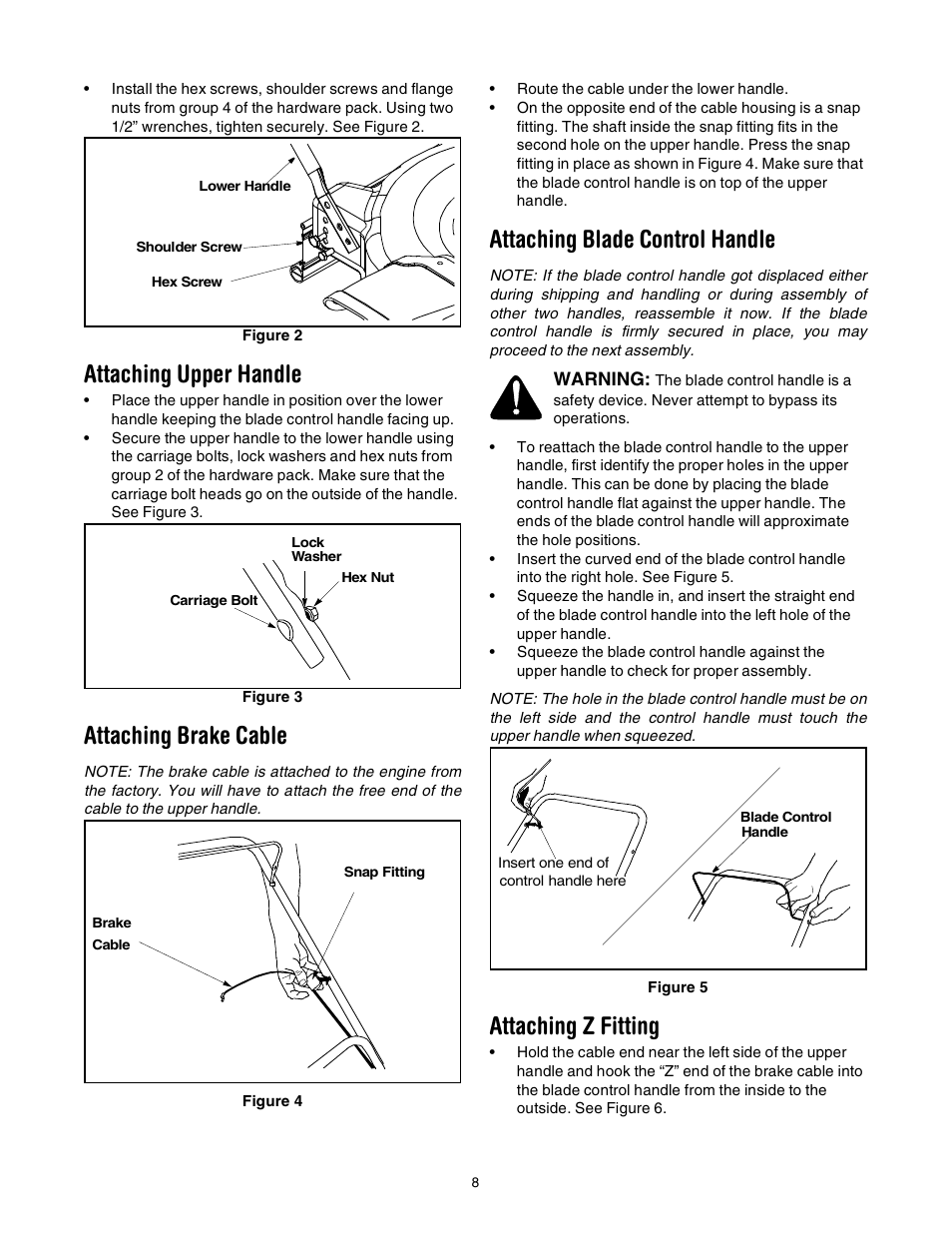 Attaching upper handle, Attaching brake cable, Attaching blade control handle | Attaching z fitting | MTD 020 User Manual | Page 8 / 16