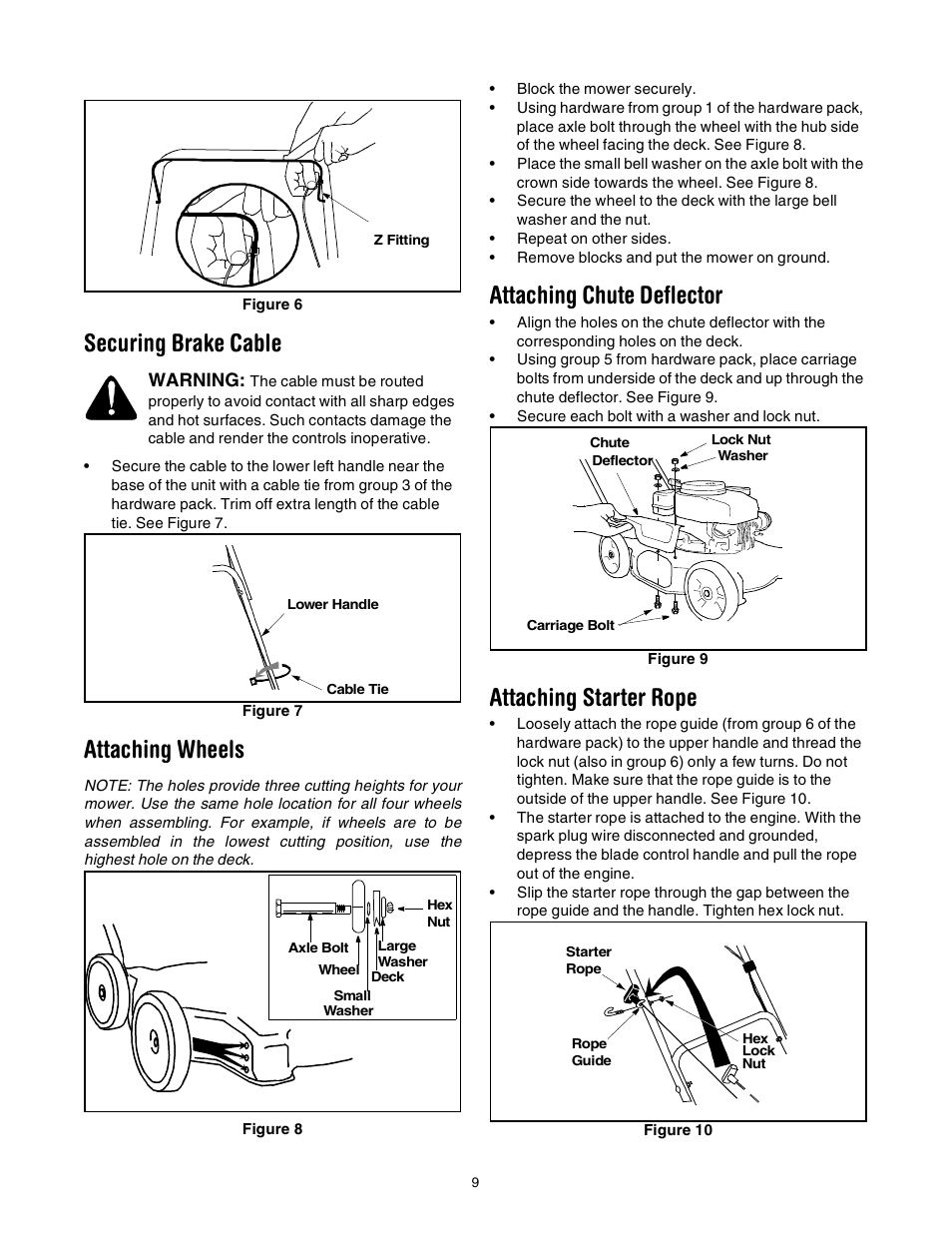 Securing brake cable, Attaching wheels, Attaching chute deflector | Attaching starter rope | MTD 020 User Manual | Page 9 / 16