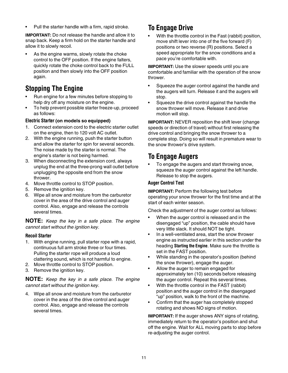 Stopping the engine, To engage drive, To engage augers | MTD 6DE User Manual | Page 11 / 28