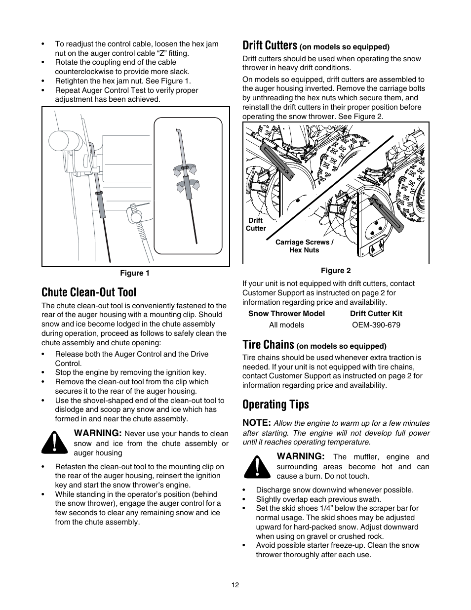 Chute clean-out tool, Drift cutters (on models so equipped), Tire chains (on models so equipped) | Operating tips, Drift cutters, Tire chains | MTD 6DE User Manual | Page 12 / 28