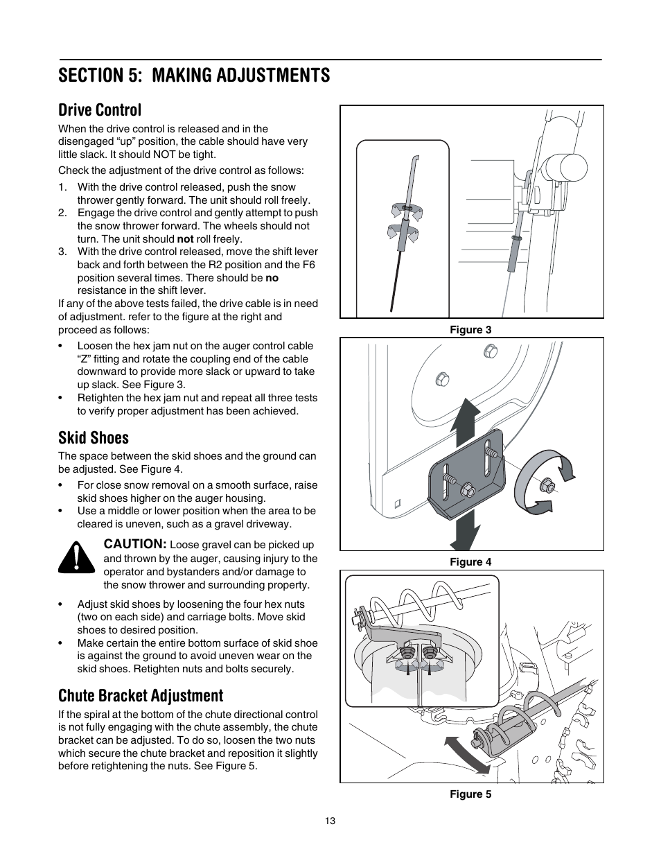 Section 5: making adjustments, Drive control, Skid shoes | Chute bracket adjustment | MTD 6DE User Manual | Page 13 / 28
