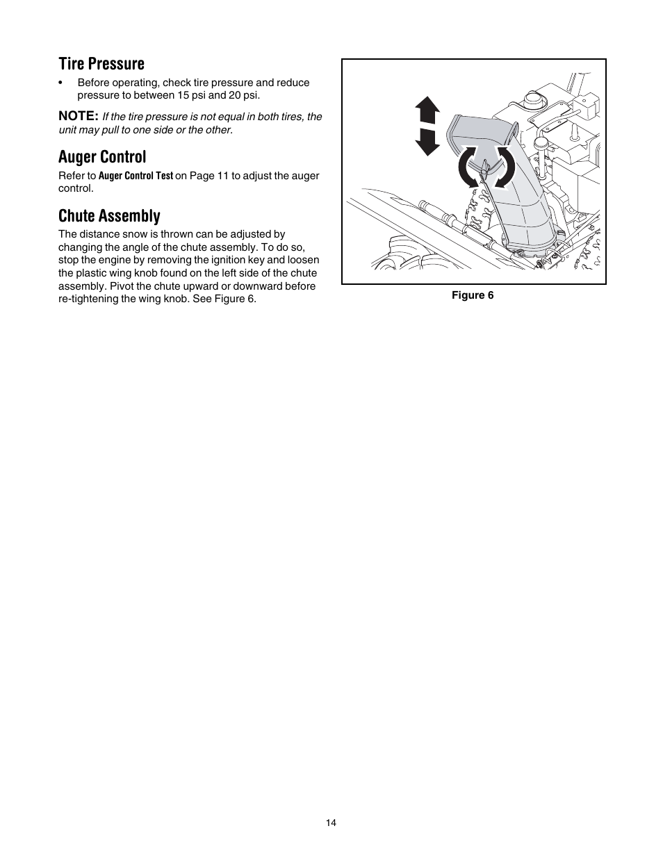 Tire pressure, Auger control, Chute assembly | MTD 6DE User Manual | Page 14 / 28