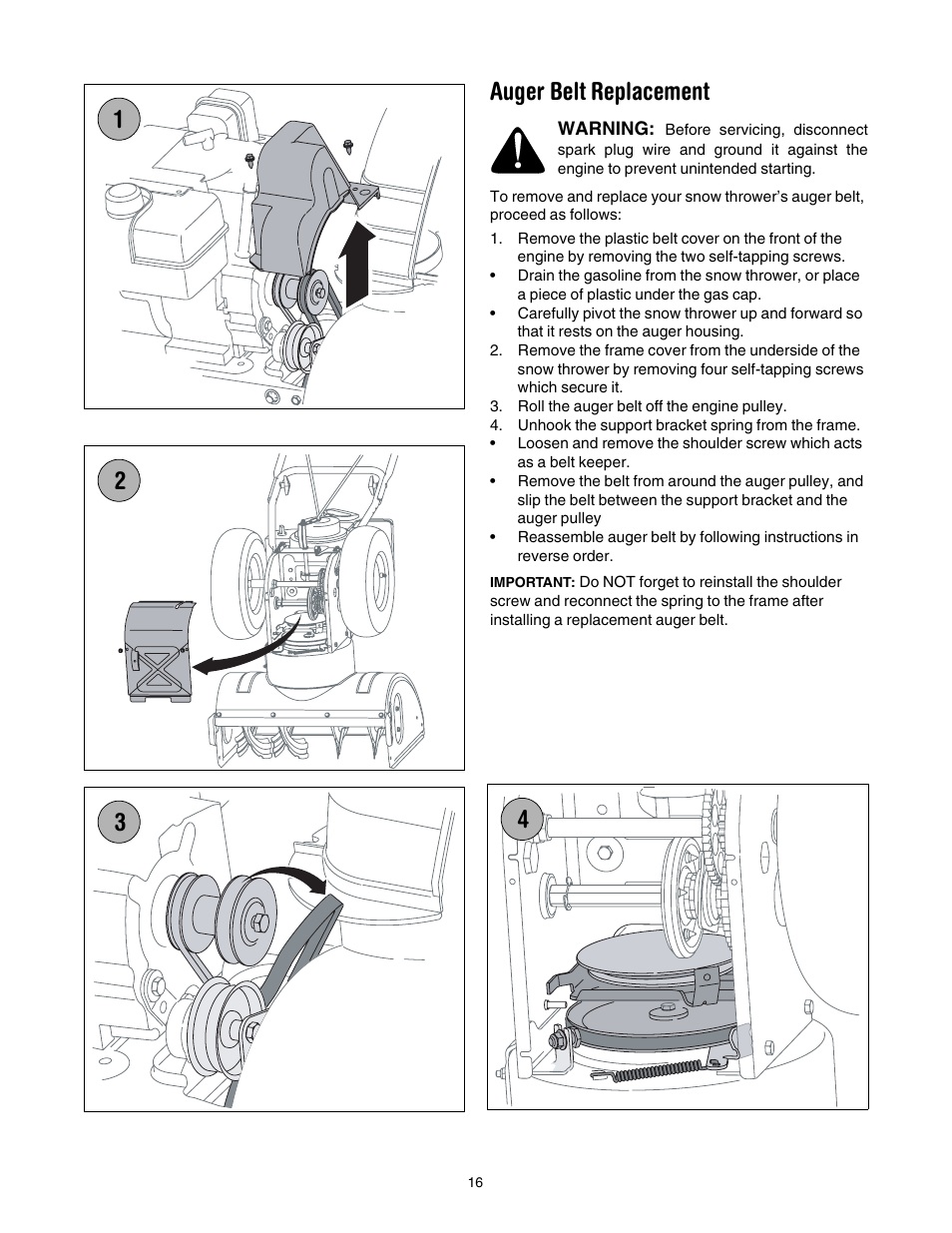 Auger belt replacement | MTD 6DE User Manual | Page 16 / 28