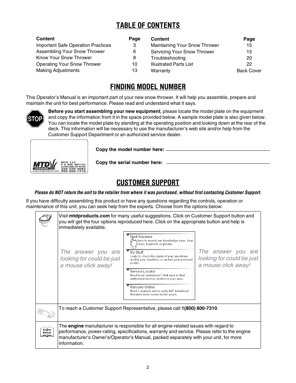 Table of contents finding model number, Customer support | MTD 6DE User Manual | Page 2 / 28