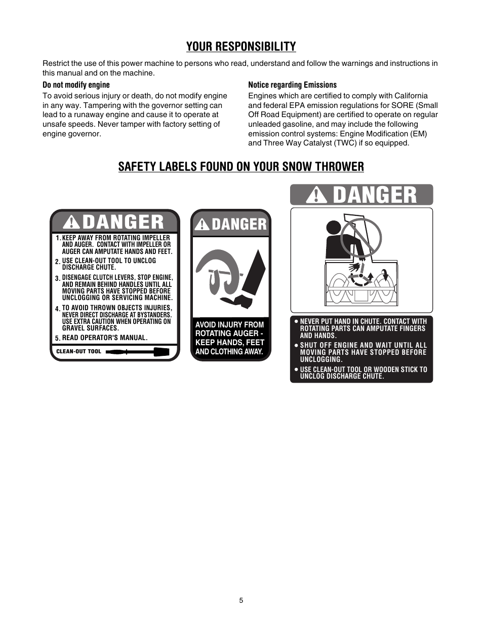Danger, Your responsibility, Safety labels found on your snow thrower | MTD 6DE User Manual | Page 5 / 28