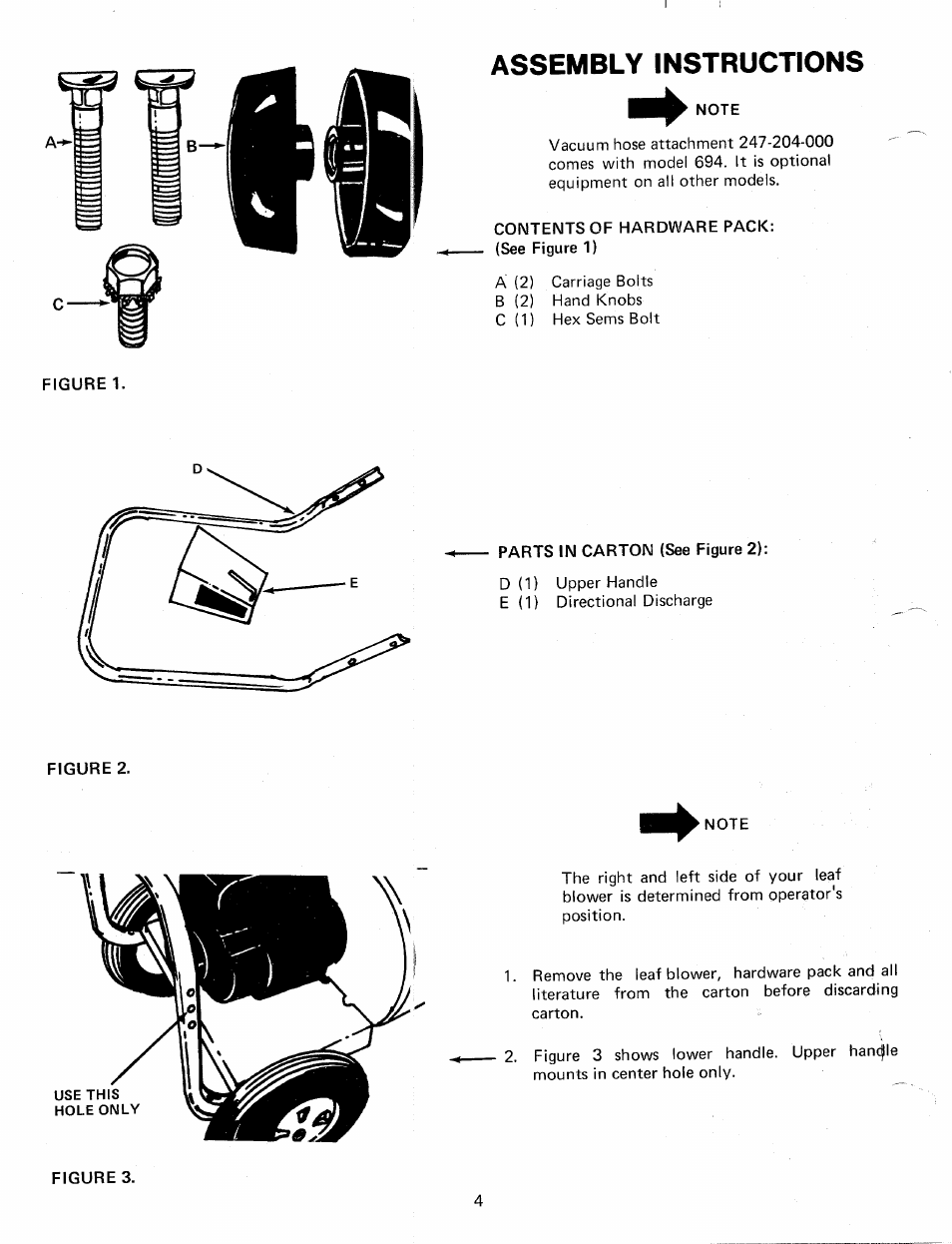 Assembly instructions, Note, Contents of hardware pack | Parts in carton (see figure 2) | MTD 248-694-000 User Manual | Page 4 / 12