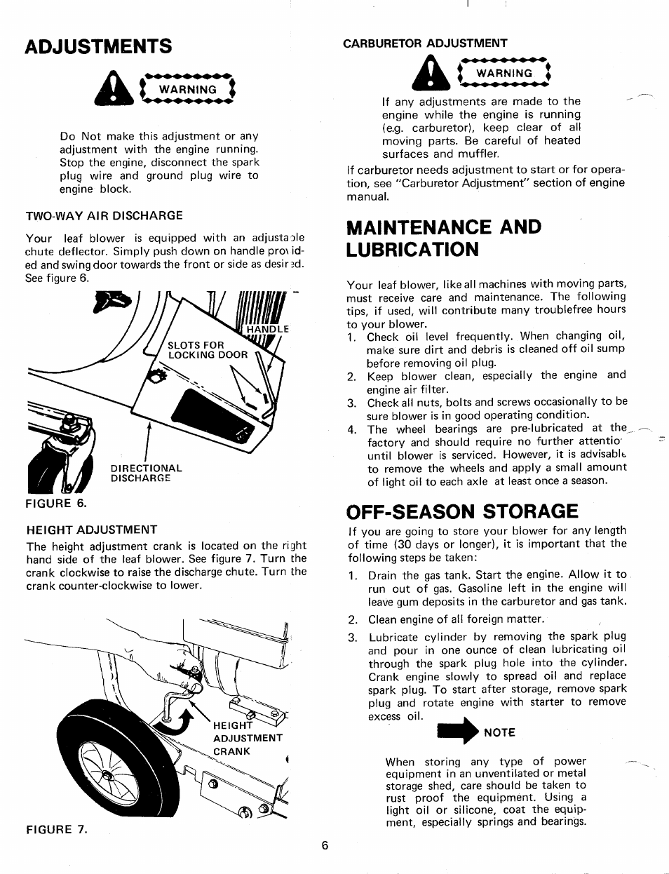 Adjustments, Two-way air discharge, Carburetor adjustment | Height adjustment, Maintenance and lubrication, Off-season storage, Note | MTD 248-694-000 User Manual | Page 6 / 12