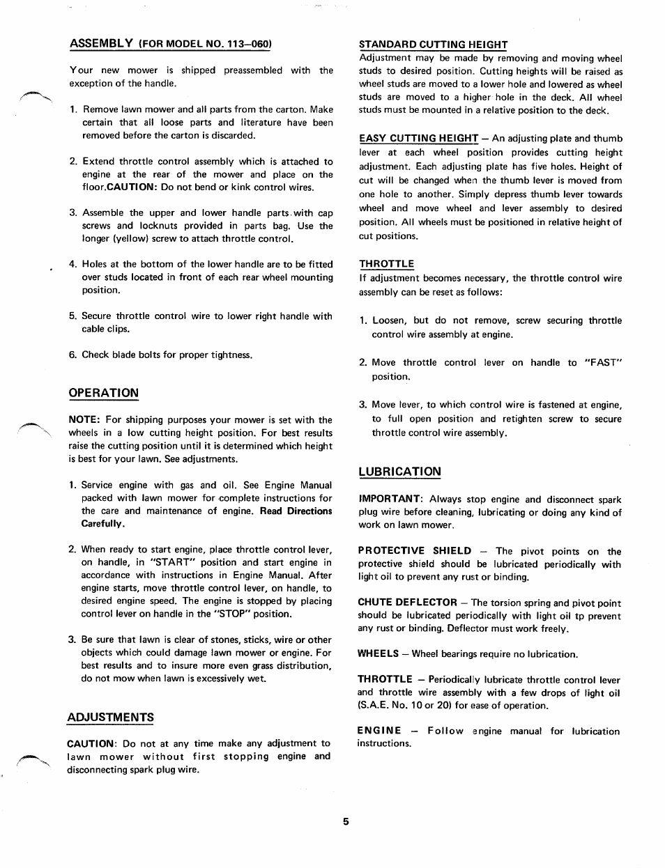 Operation, Lubrication, Adjustments | MTD 113-070 User Manual | Page 5 / 8