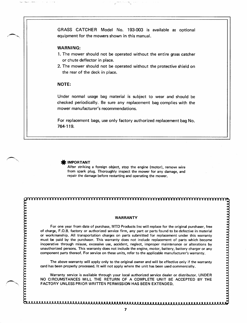 Warning, Note, Inrrrirrrinrrriri | MTD 113-070 User Manual | Page 7 / 8