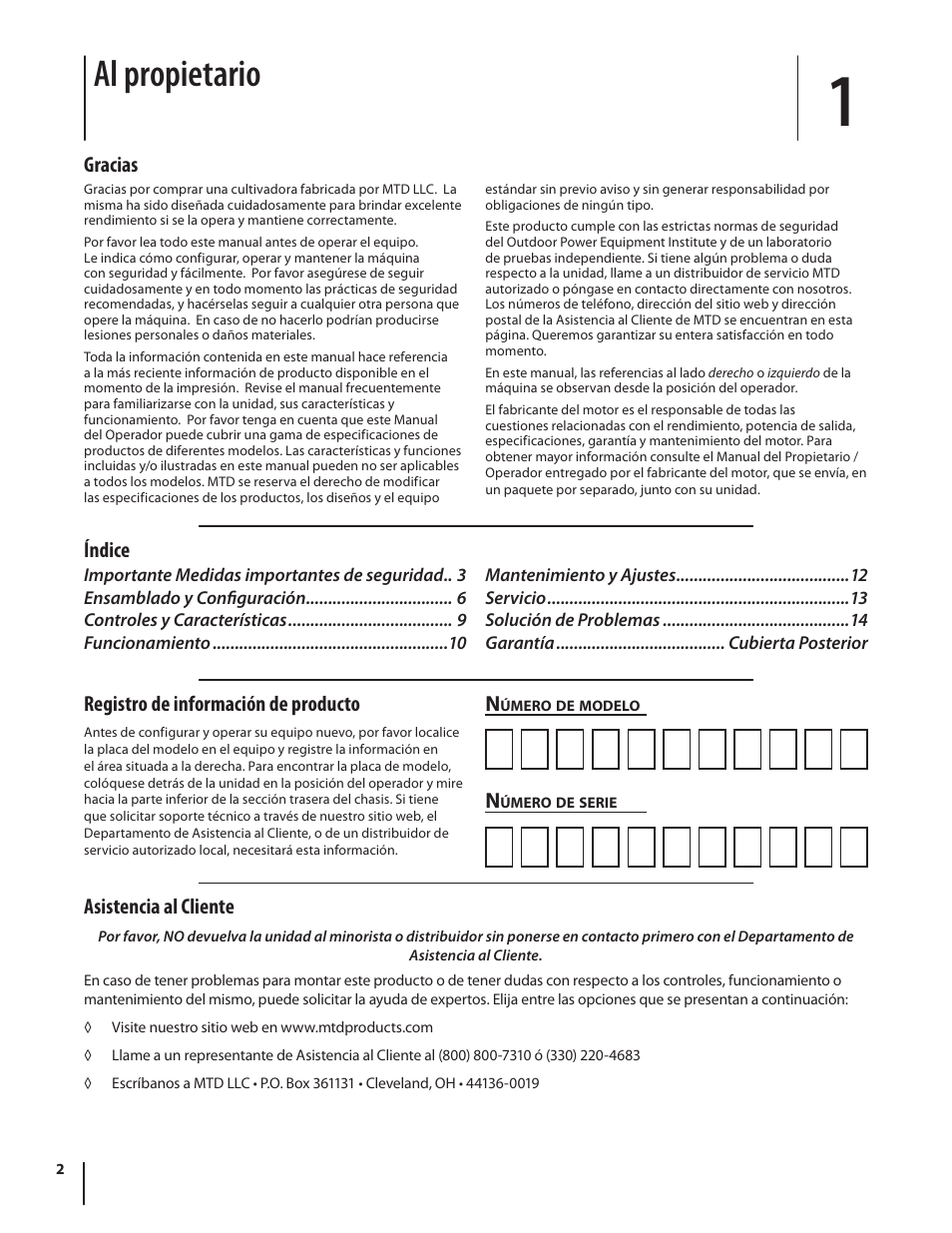 Al propietario, Asistencia al cliente, Gracias | Índice n, Registro de información de producto | MTD 250 Series User Manual | Page 22 / 36