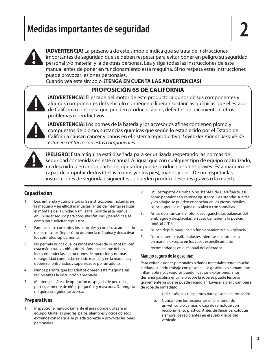 Medidas importantes de seguridad, Capacitación, Preparativos | Proposición 65 de california | MTD 250 Series User Manual | Page 23 / 36