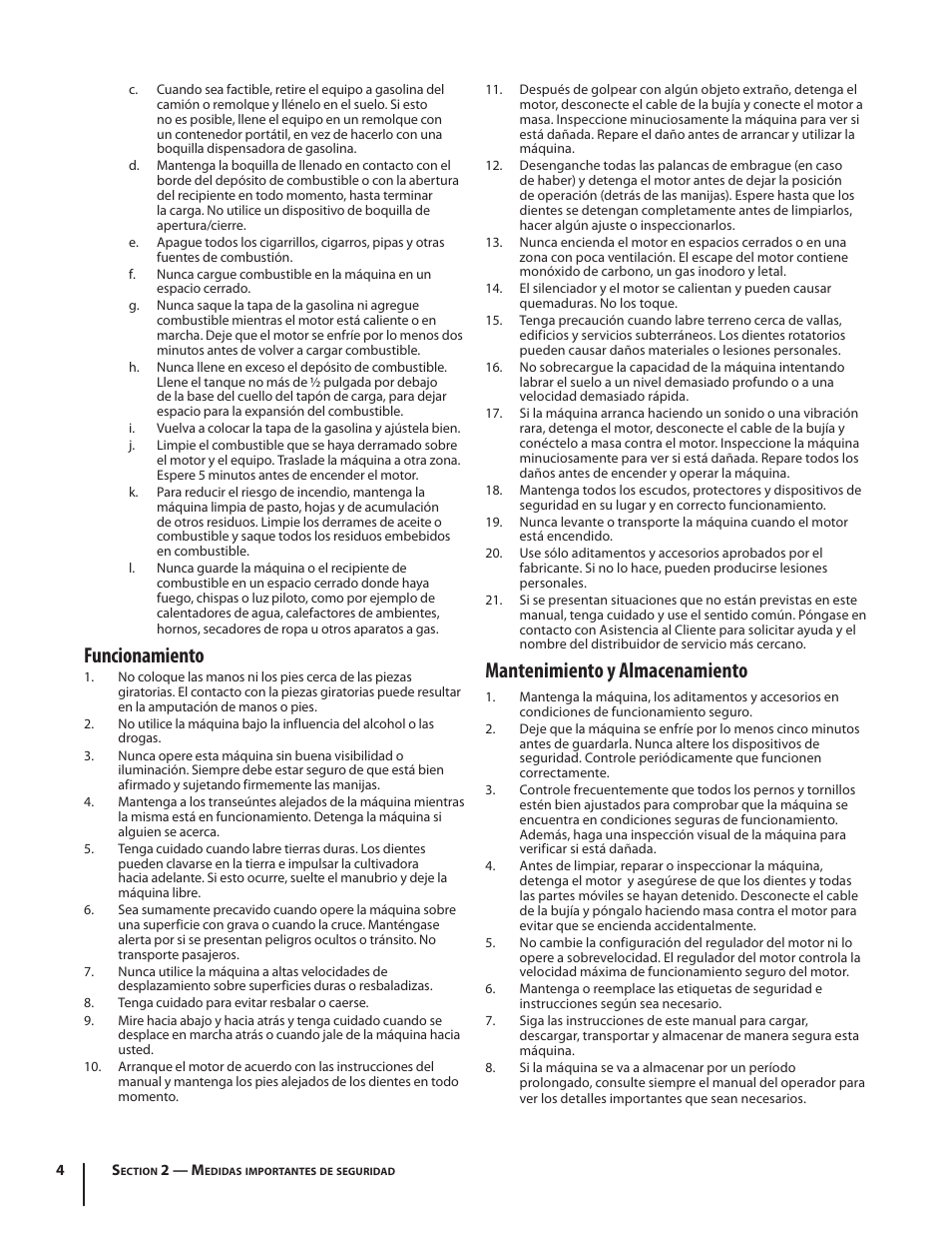 Mantenimiento y almacenamiento, Funcionamiento | MTD 250 Series User Manual | Page 24 / 36