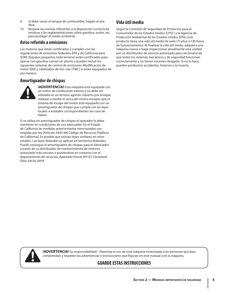 Aviso referido a emisiones, Amortiguador de chispas, Vida útil media | Guarde estas instrucciones | MTD 250 Series User Manual | Page 25 / 36