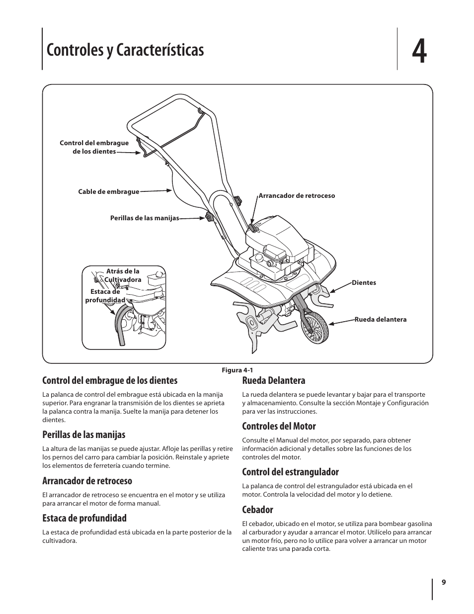 Controles y características, Control del embrague de los dientes, Perillas de las manijas | Arrancador de retroceso, Estaca de profundidad, Rueda delantera, Controles del motor, Control del estrangulador, Cebador | MTD 250 Series User Manual | Page 29 / 36