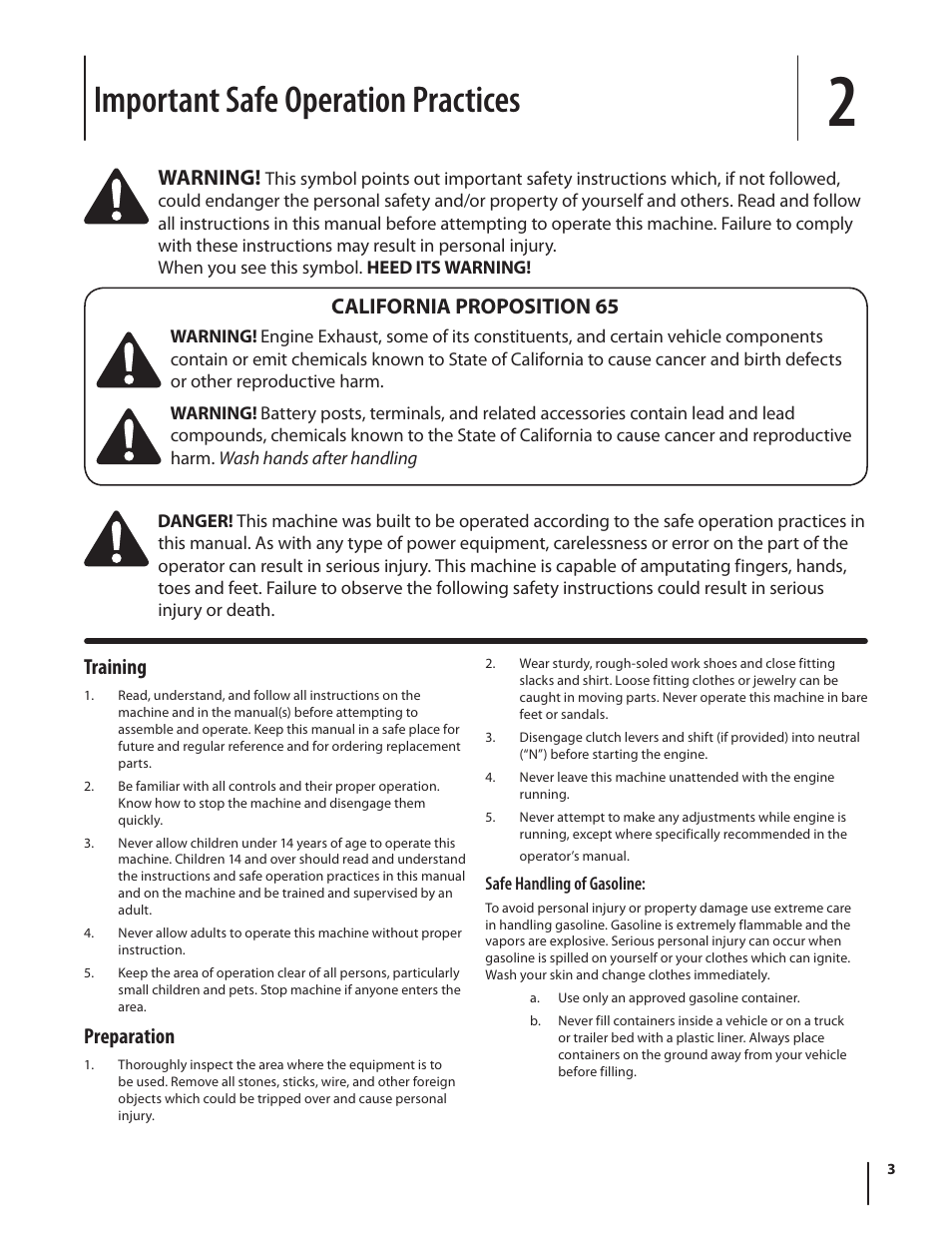 Important safe operation practices, Training, Preparation | Warning, California proposition 65 | MTD 250 Series User Manual | Page 3 / 36