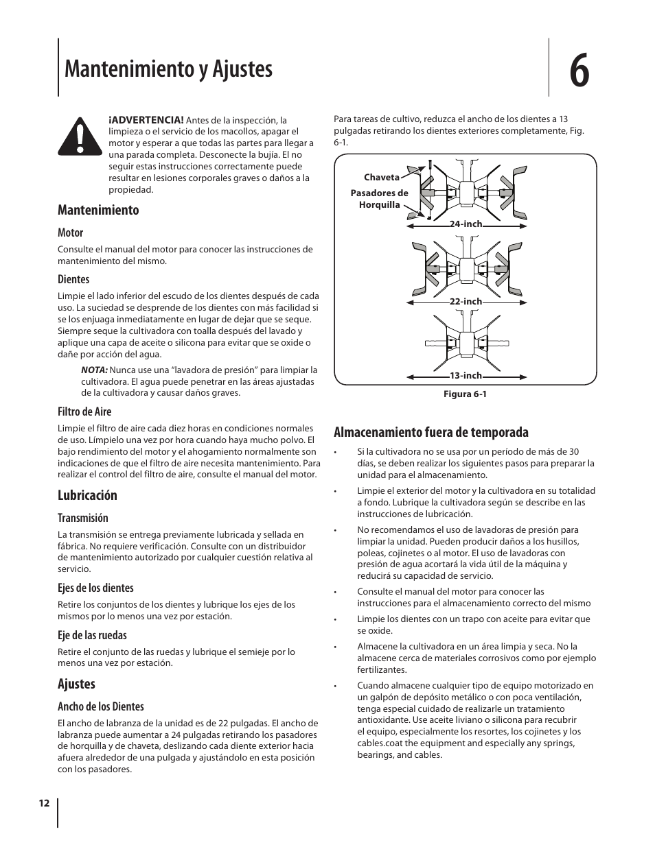 Mantenimiento y ajustes, Mantenimiento, Lubricación | Ajustes, Almacenamiento fuera de temporada | MTD 250 Series User Manual | Page 32 / 36