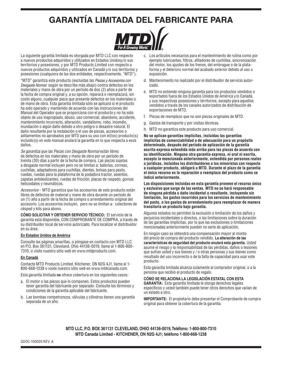 Garantía limitada del fabricante para | MTD 250 Series User Manual | Page 36 / 36