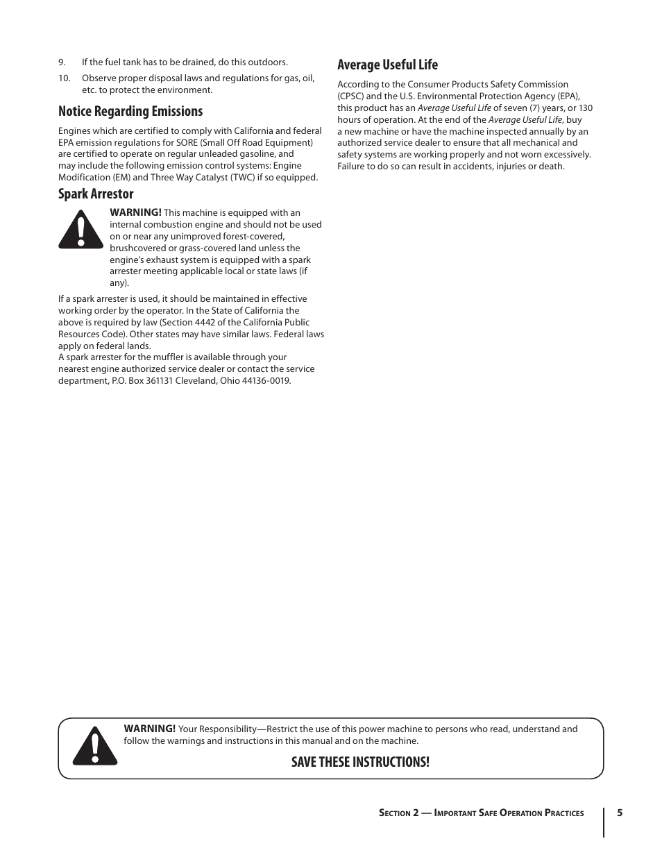 Notice regarding emissions, Spark arrestor, Average useful life | Save these instructions | MTD 250 Series User Manual | Page 5 / 36