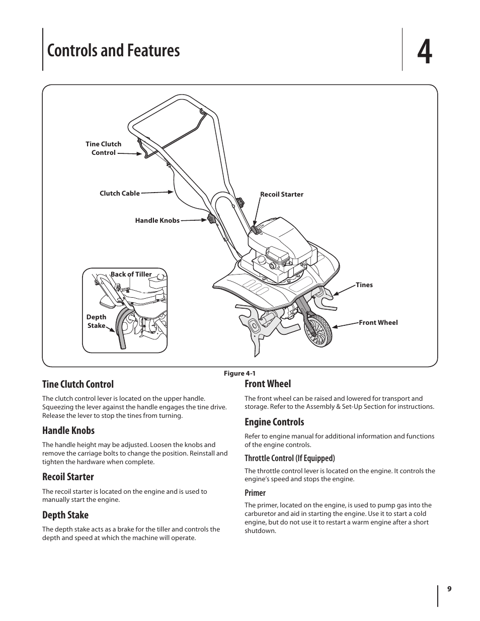 Controls and features, Tine clutch control, Handle knobs | Recoil starter, Depth stake, Front wheel, Engine controls | MTD 250 Series User Manual | Page 9 / 36