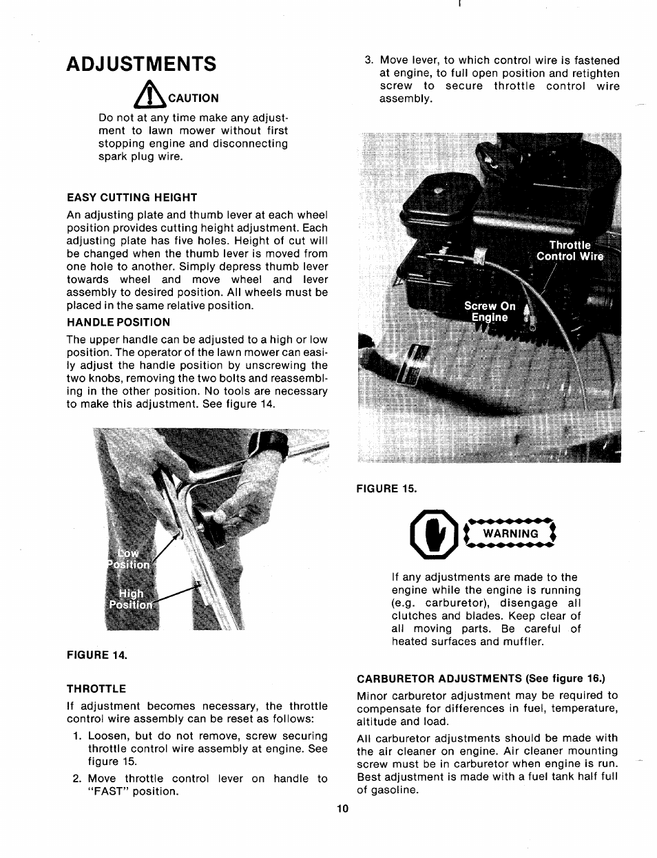 Adjustments, Easy cutting height, Handle position | Figure 14, Throttle, Warning, Carburetor adjustments (see figure 16.) | MTD 110-328A User Manual | Page 10 / 19