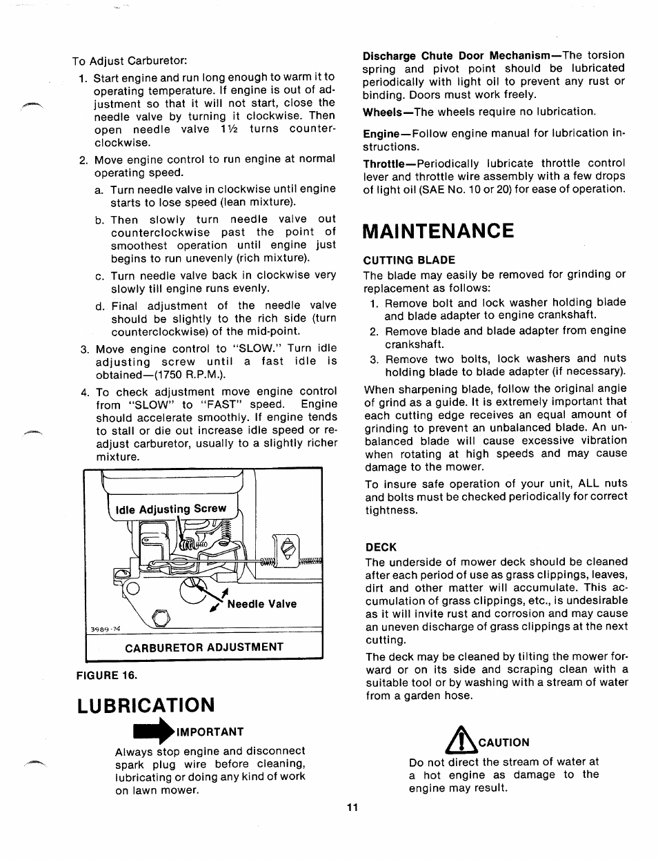 Lubrication, Important, Maintenance | Cutting blade, Deck, Caution | MTD 110-328A User Manual | Page 11 / 19