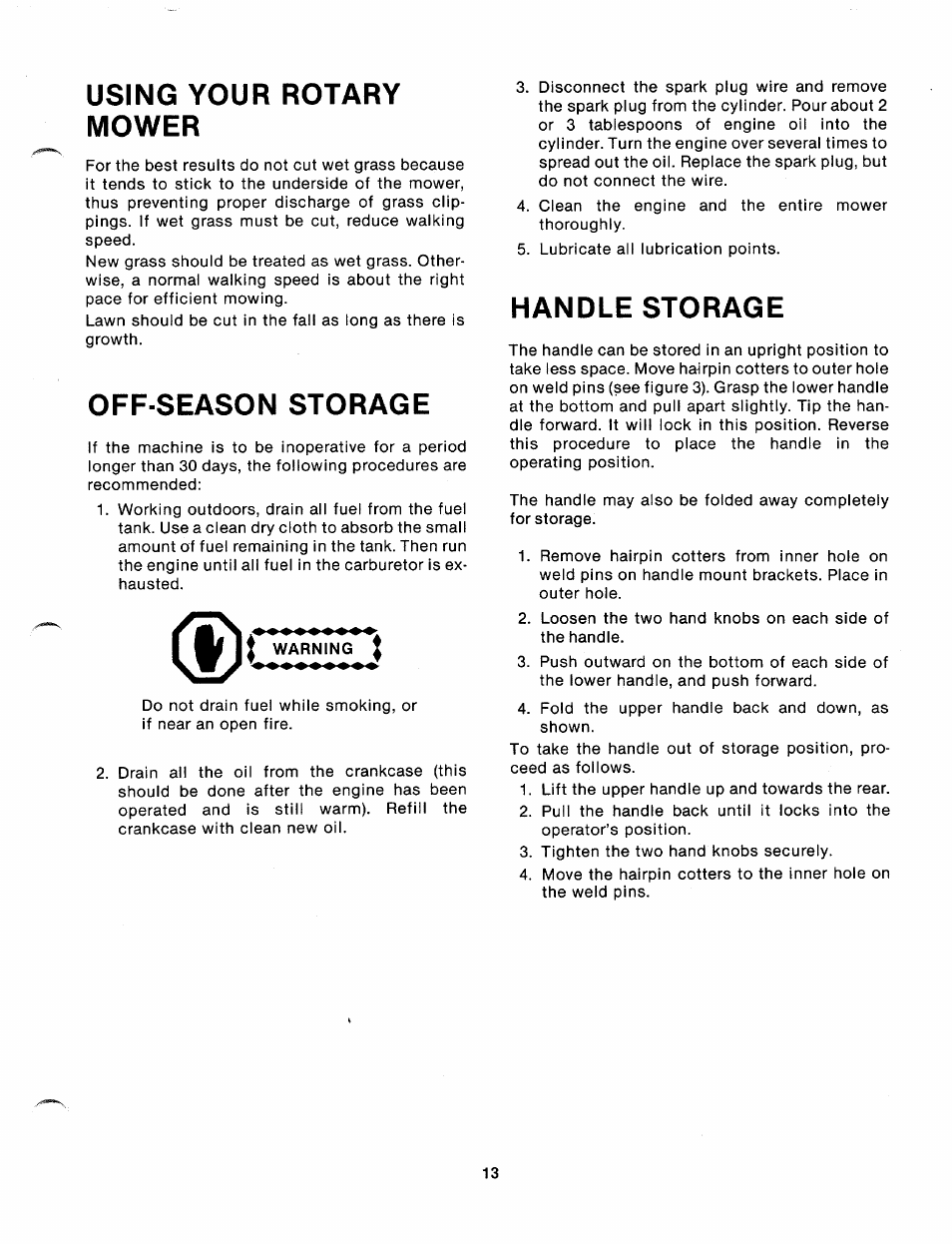 Using your rotary mower, Off season storage, I warning | Handle storage | MTD 110-328A User Manual | Page 13 / 19