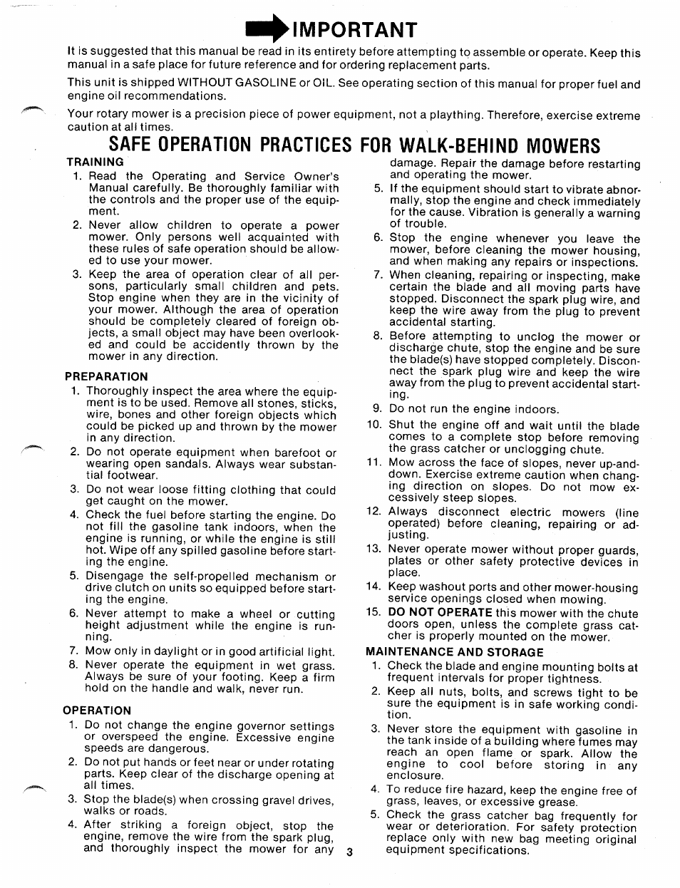 Important, Safe operation practices for walk-behind mowers, Preparation | Operation, Maintenance and storage | MTD 110-328A User Manual | Page 3 / 19