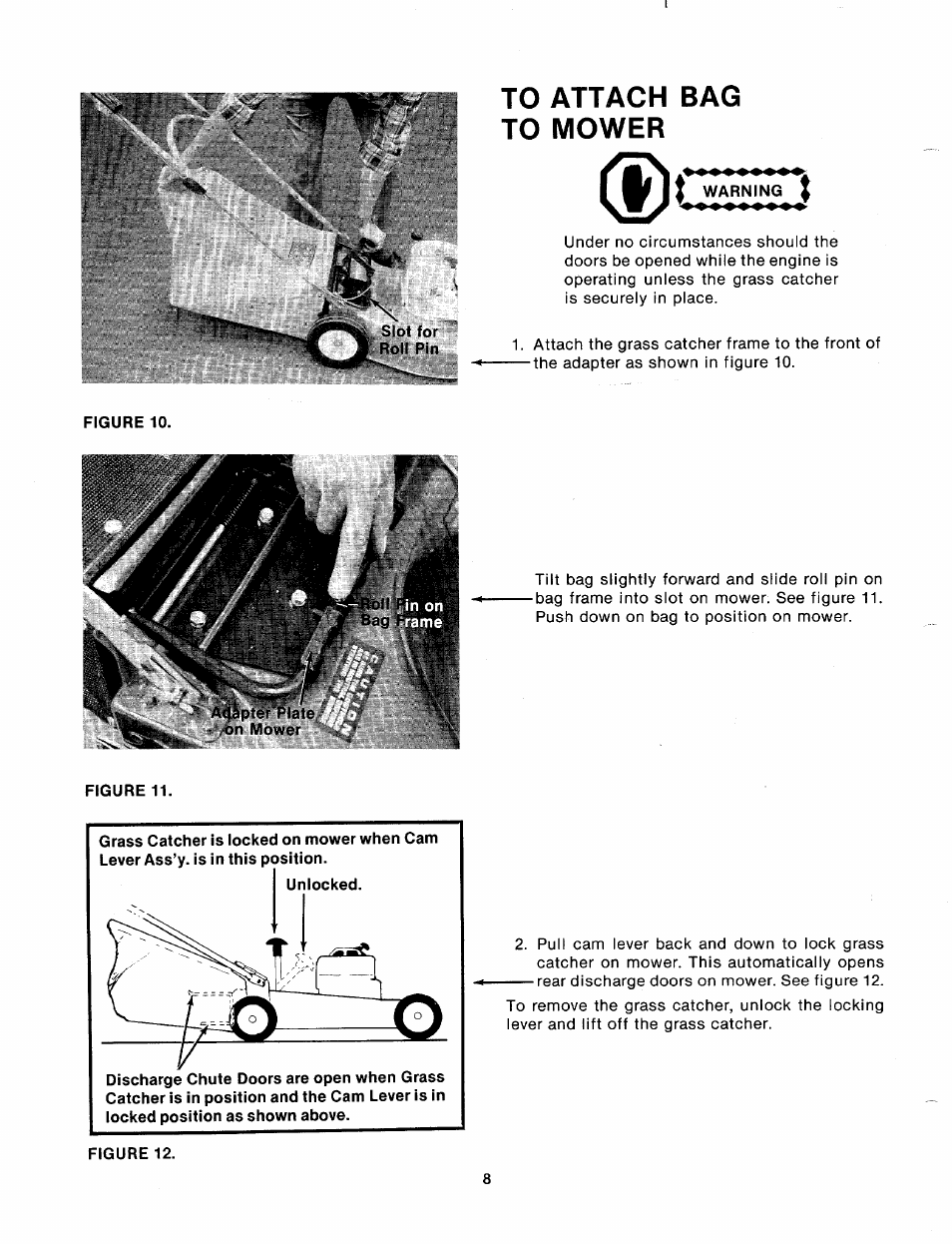 To attach bag to mower, Unlocked | MTD 110-328A User Manual | Page 8 / 19