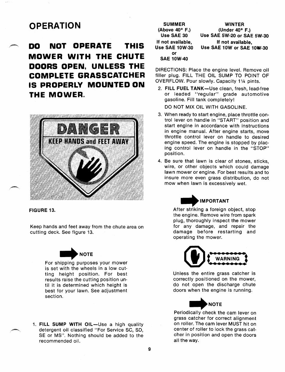 Operation, Note, Winter (under 40° f.) | Important, I warning | MTD 110-328A User Manual | Page 9 / 19
