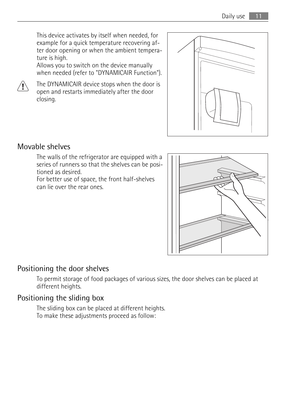 Movable shelves, Positioning the door shelves, Positioning the sliding box | AEG SKD71800F0 User Manual | Page 11 / 68