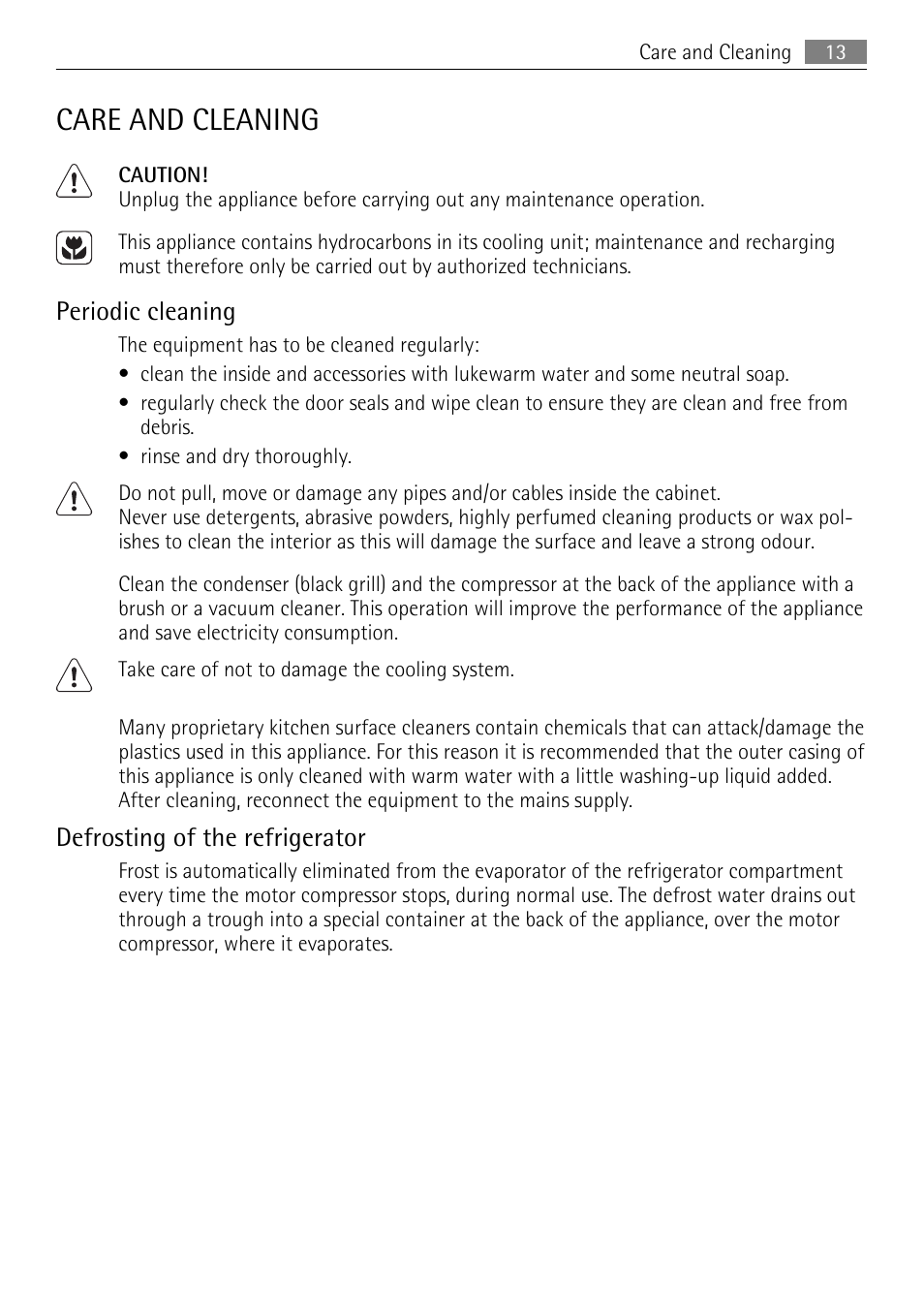 Care and cleaning, Periodic cleaning, Defrosting of the refrigerator | AEG SKD71800F0 User Manual | Page 13 / 68