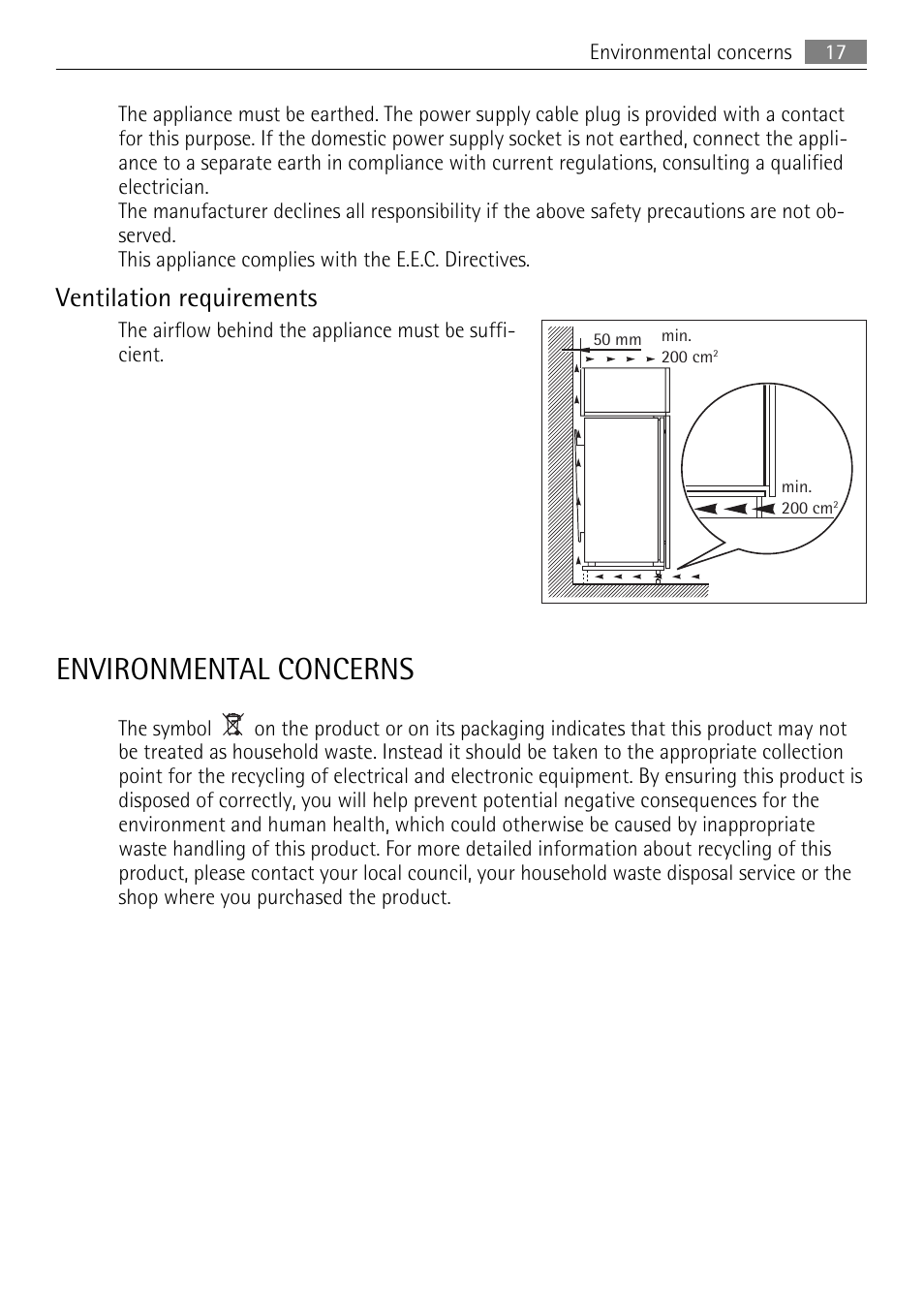 Environmental concerns, Ventilation requirements | AEG SKD71800F0 User Manual | Page 17 / 68