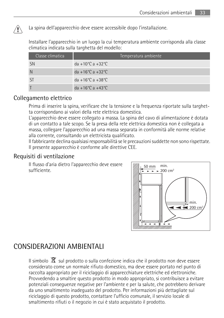 Considerazioni ambientali, Collegamento elettrico, Requisiti di ventilazione | AEG SKD71800F0 User Manual | Page 33 / 68