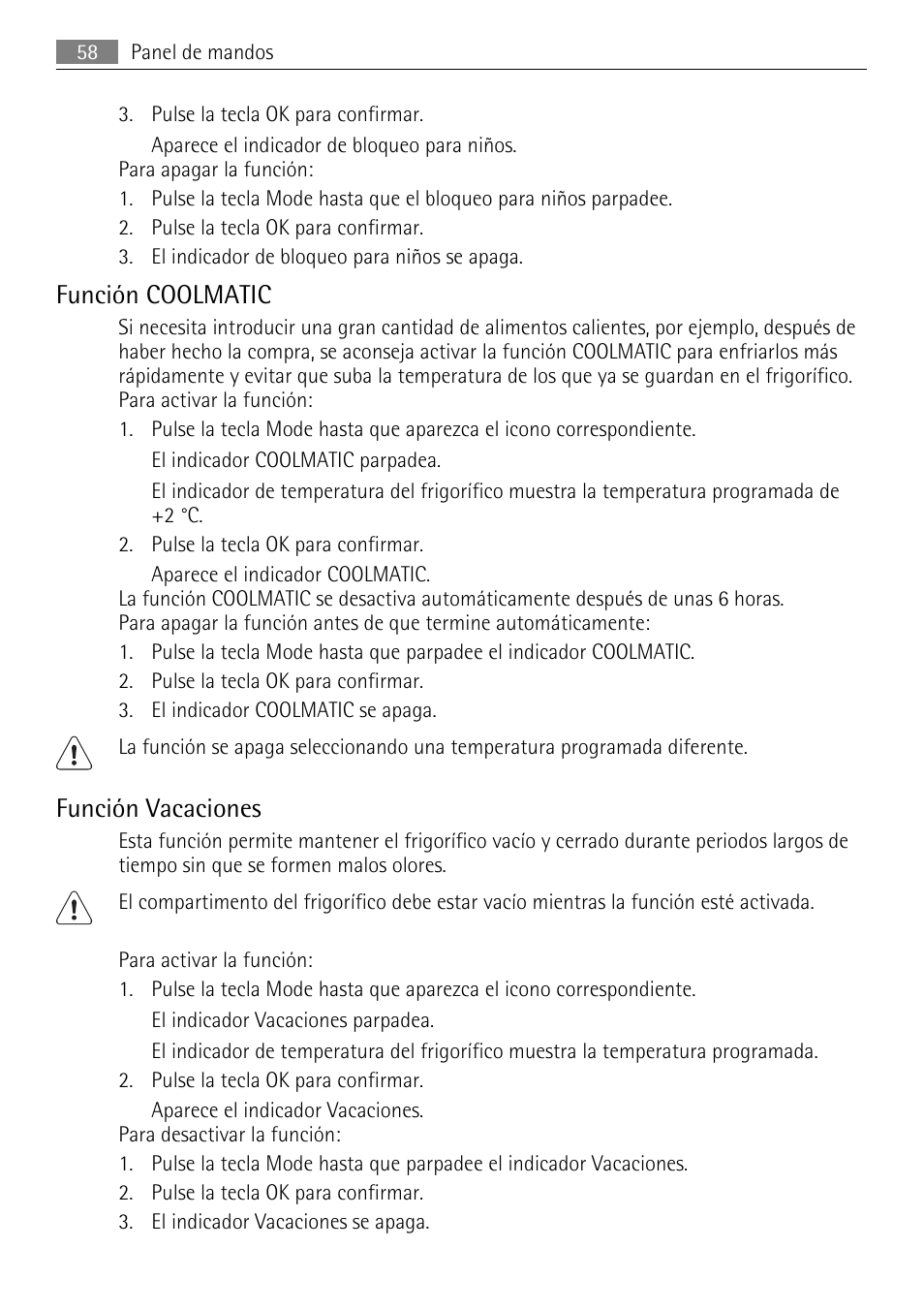 Función coolmatic, Función vacaciones | AEG SKD71800F0 User Manual | Page 58 / 68