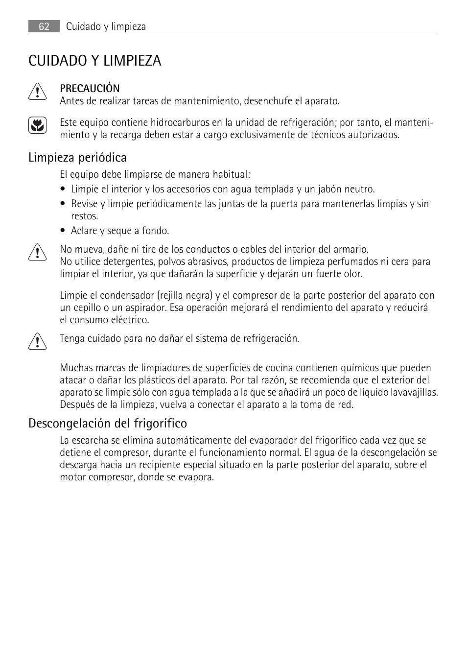 Cuidado y limpieza, Limpieza periódica, Descongelación del frigorífico | AEG SKD71800F0 User Manual | Page 62 / 68