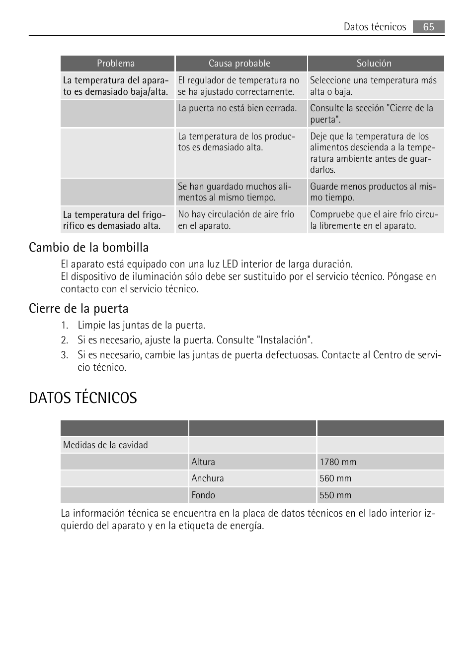 Datos técnicos, Cambio de la bombilla, Cierre de la puerta | AEG SKD71800F0 User Manual | Page 65 / 68