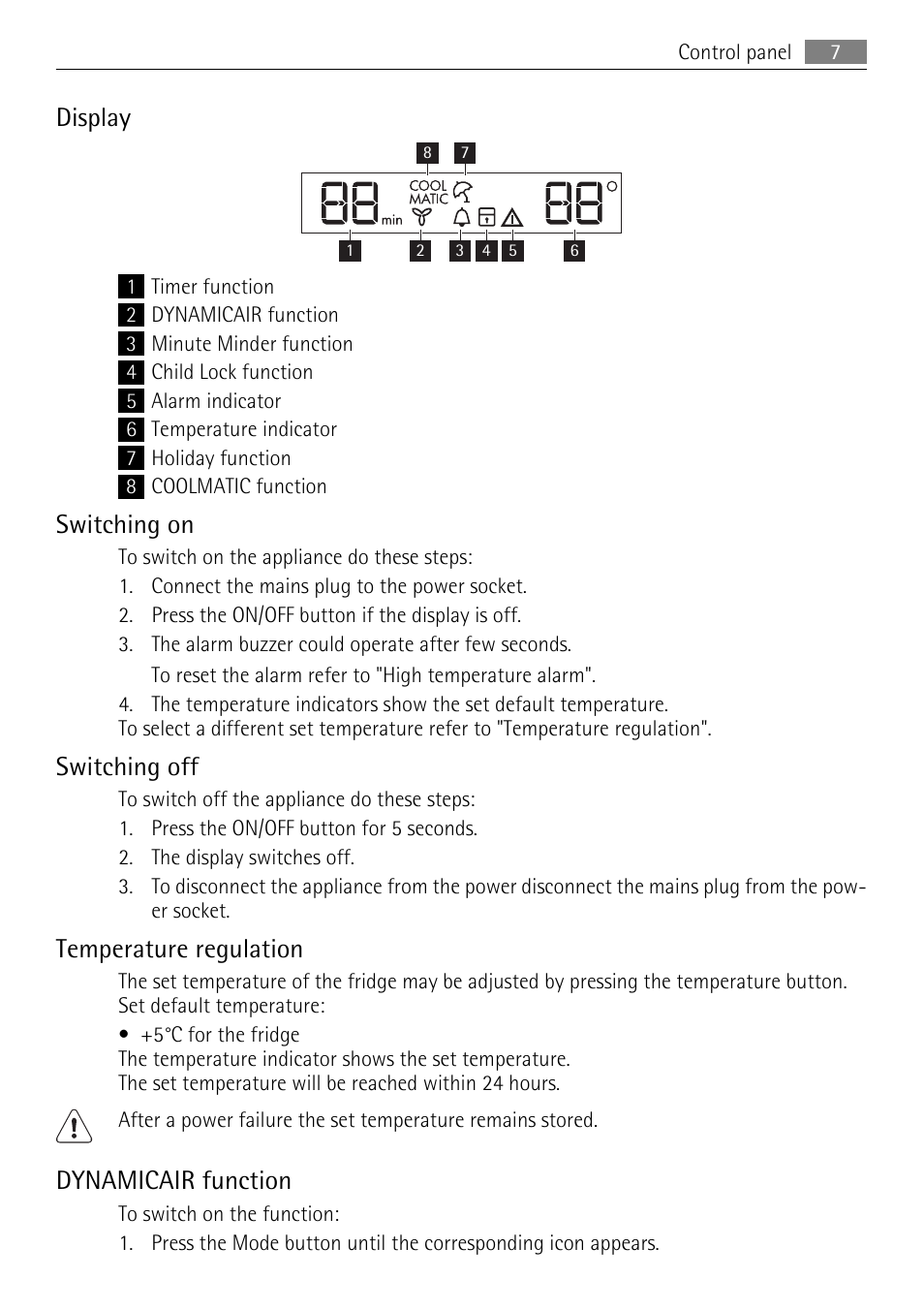 Display, Switching on, Switching off | Temperature regulation, Dynamicair function | AEG SKD71800F0 User Manual | Page 7 / 68