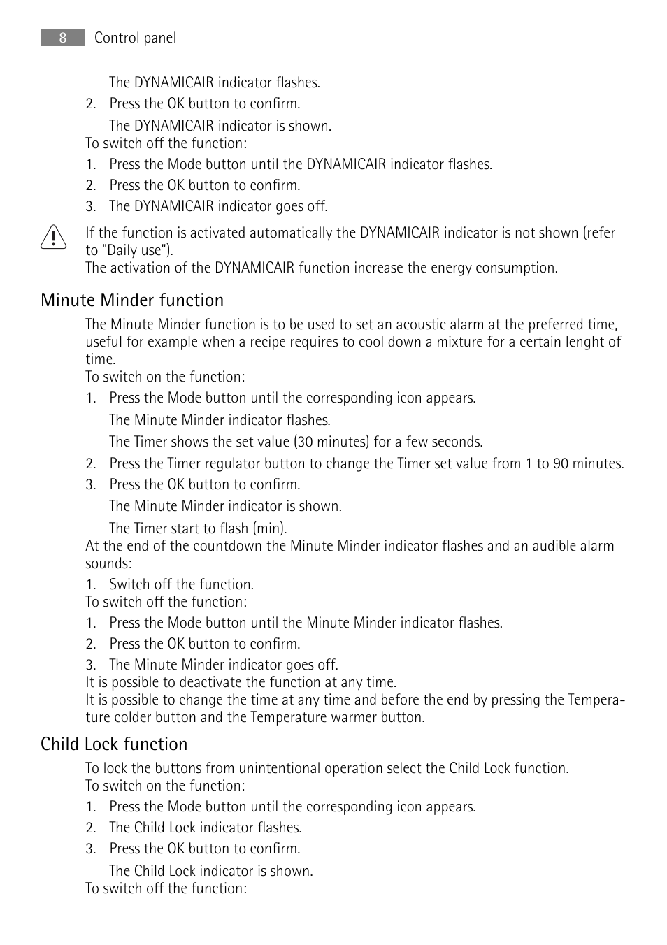 Minute minder function, Child lock function | AEG SKD71800F0 User Manual | Page 8 / 68