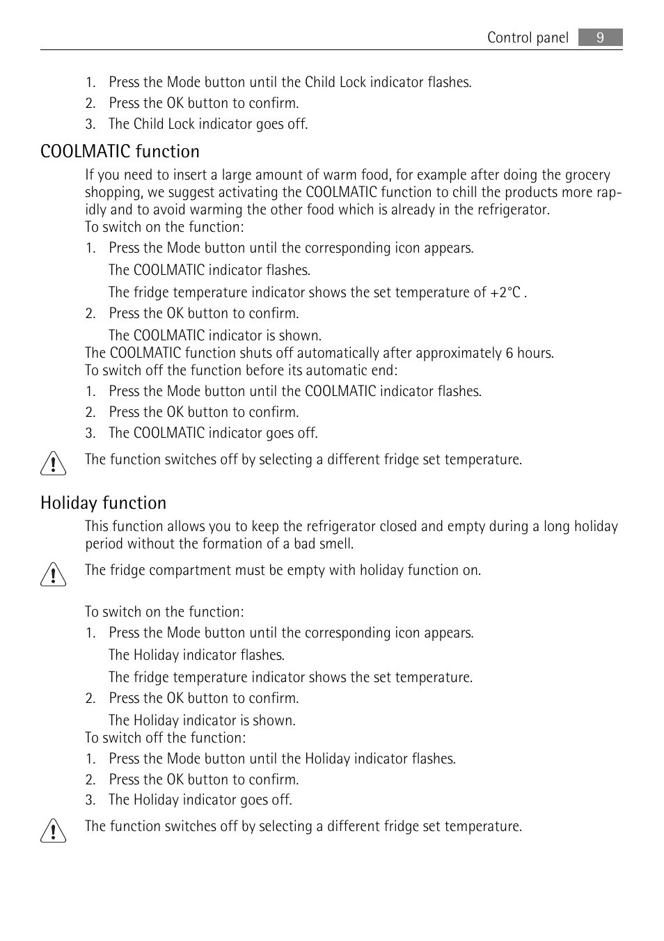 Coolmatic function, Holiday function | AEG SKD71800F0 User Manual | Page 9 / 68