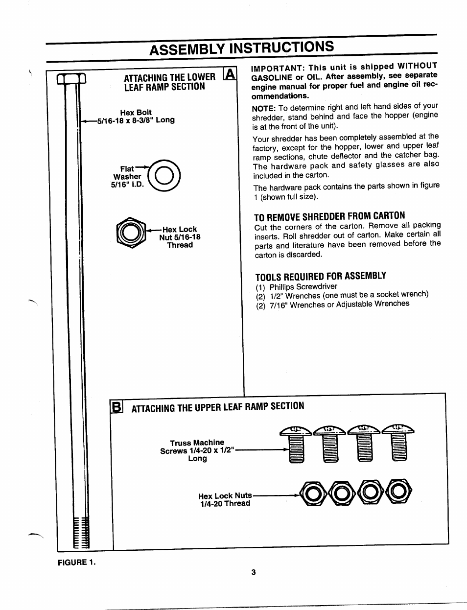 Assembly instructions, Attaching the lower leaf ramp section, To remove shredder from carton | Tools required for assembly, Ahaching the upper leaf ramp section | MTD 243-651B000 User Manual | Page 3 / 12