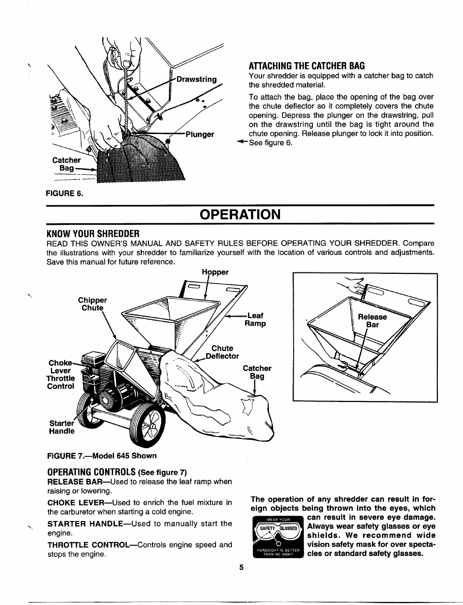 Ahaching the catcher bag, Operation, Know your shredder | Operating controls (see figure 7) | MTD 243-651B000 User Manual | Page 5 / 12