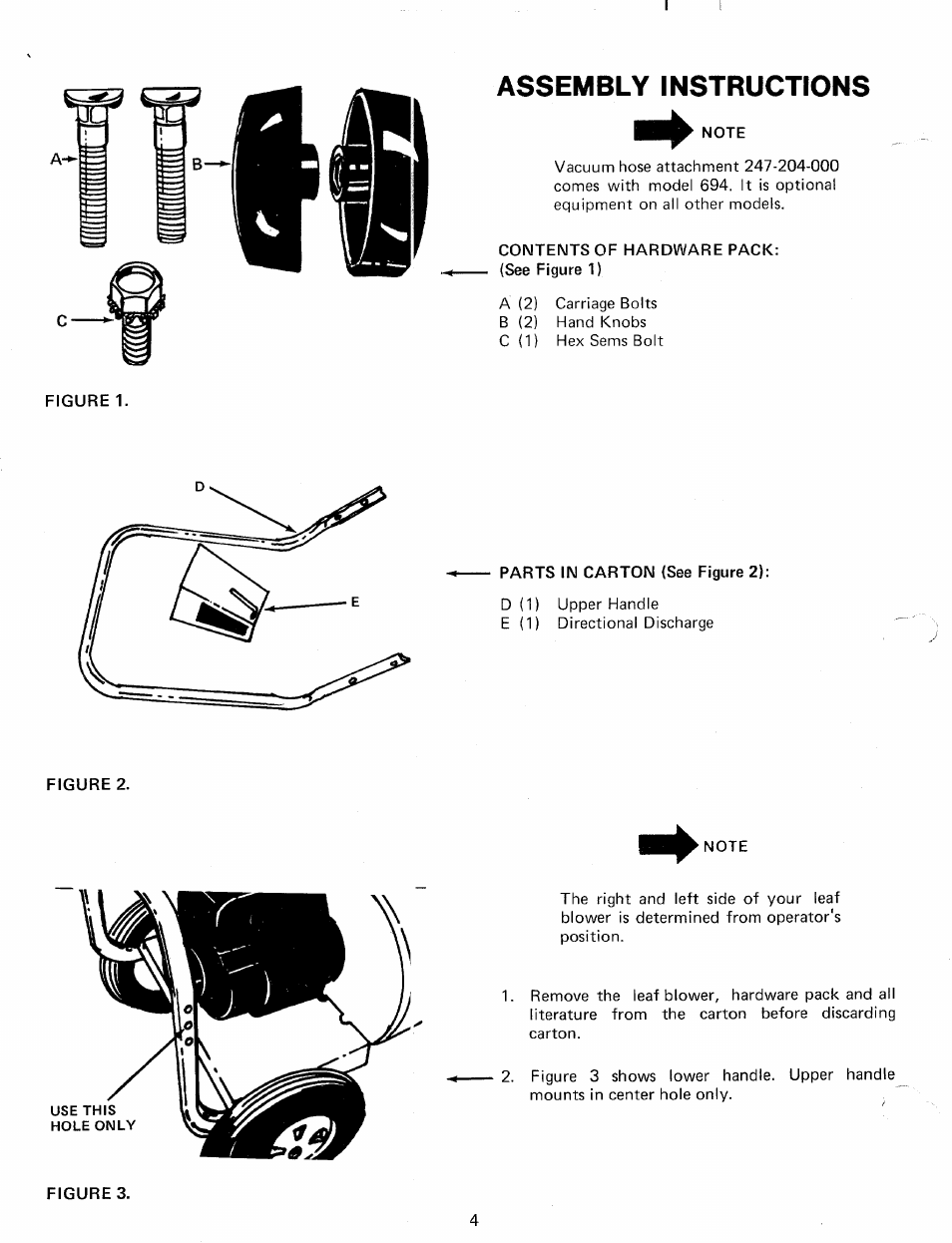 Assembly instructions, Contents of hardware pack, Parts in carton (see figure 2) | MTD 247-693-000 User Manual | Page 4 / 10