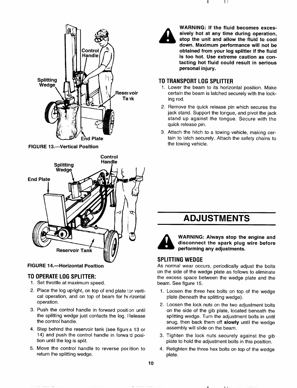 To operate log splitter, To transport log spliher, Adjustments | Splitting wedge | MTD 243-630-000 User Manual | Page 10 / 20