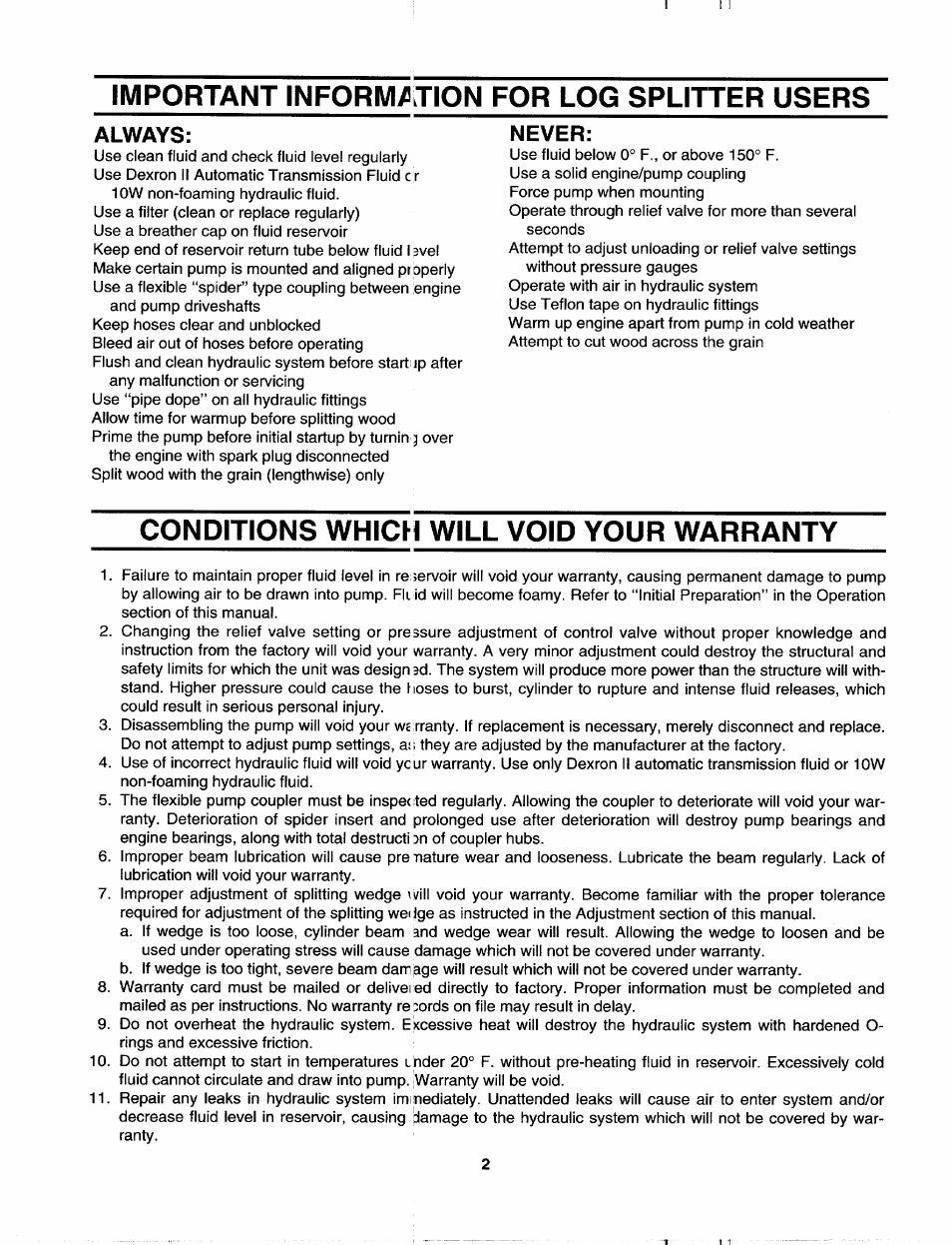 Important inform/tion for log splitter users, Conditions which will void your warranty, Always | MTD 243-630-000 User Manual | Page 2 / 20