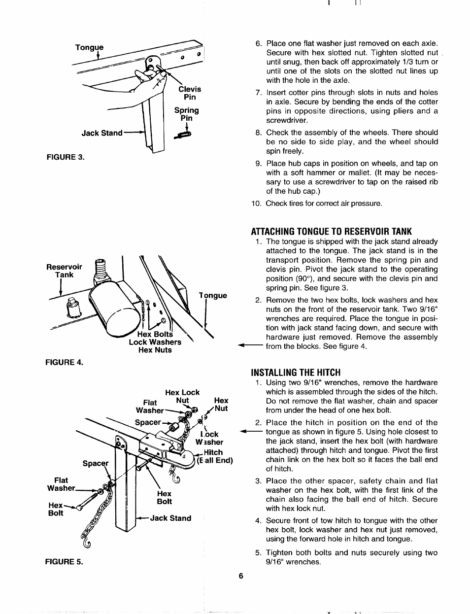 Attaching tongue to reservoir tank, Installing the hitch | MTD 243-630-000 User Manual | Page 6 / 20