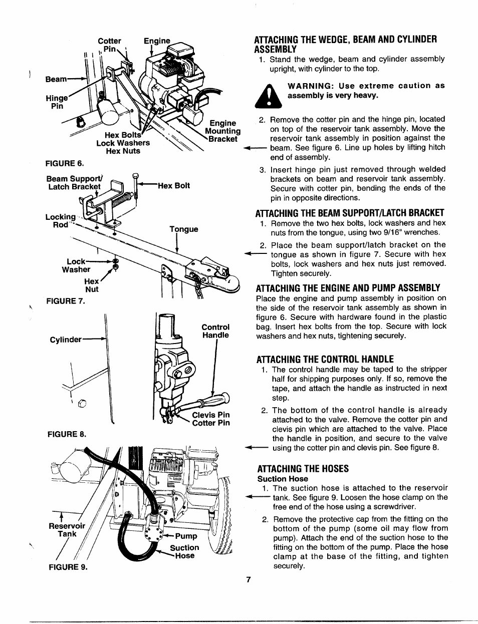 Attaching the wedge, beam and cylinder assembly, Ahaching the beam support/latch bracket, Attaching the engine and pump assembly | Attaching the control handle, Attaching the hoses | MTD 243-630-000 User Manual | Page 7 / 20