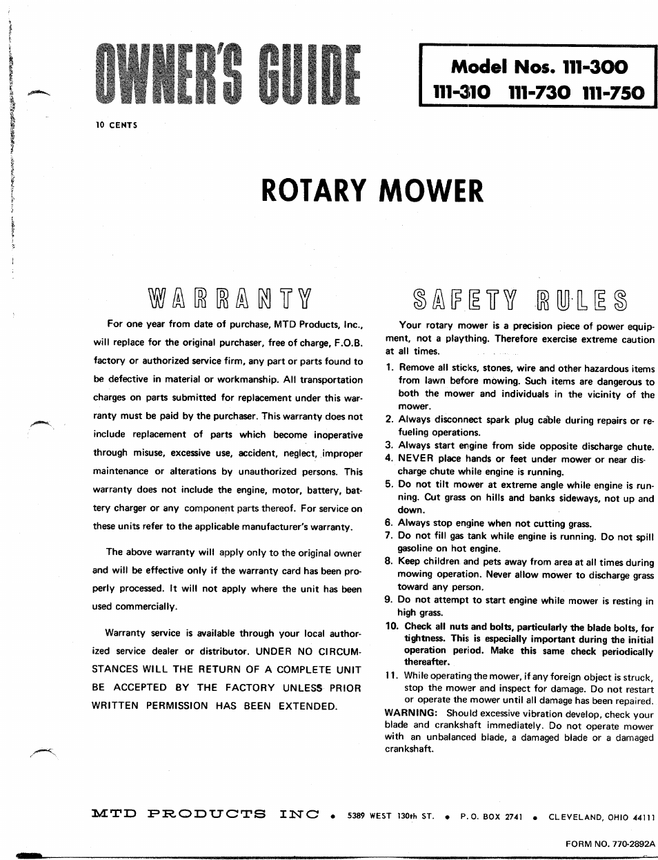 MTD 111-310 User Manual | 4 pages