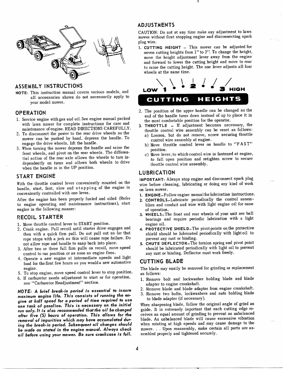 Assembly instructions, Operation, Start engine | Recoil starter, Adjustments, Lubrication, Cutting blade | MTD 112-260 User Manual | Page 4 / 6