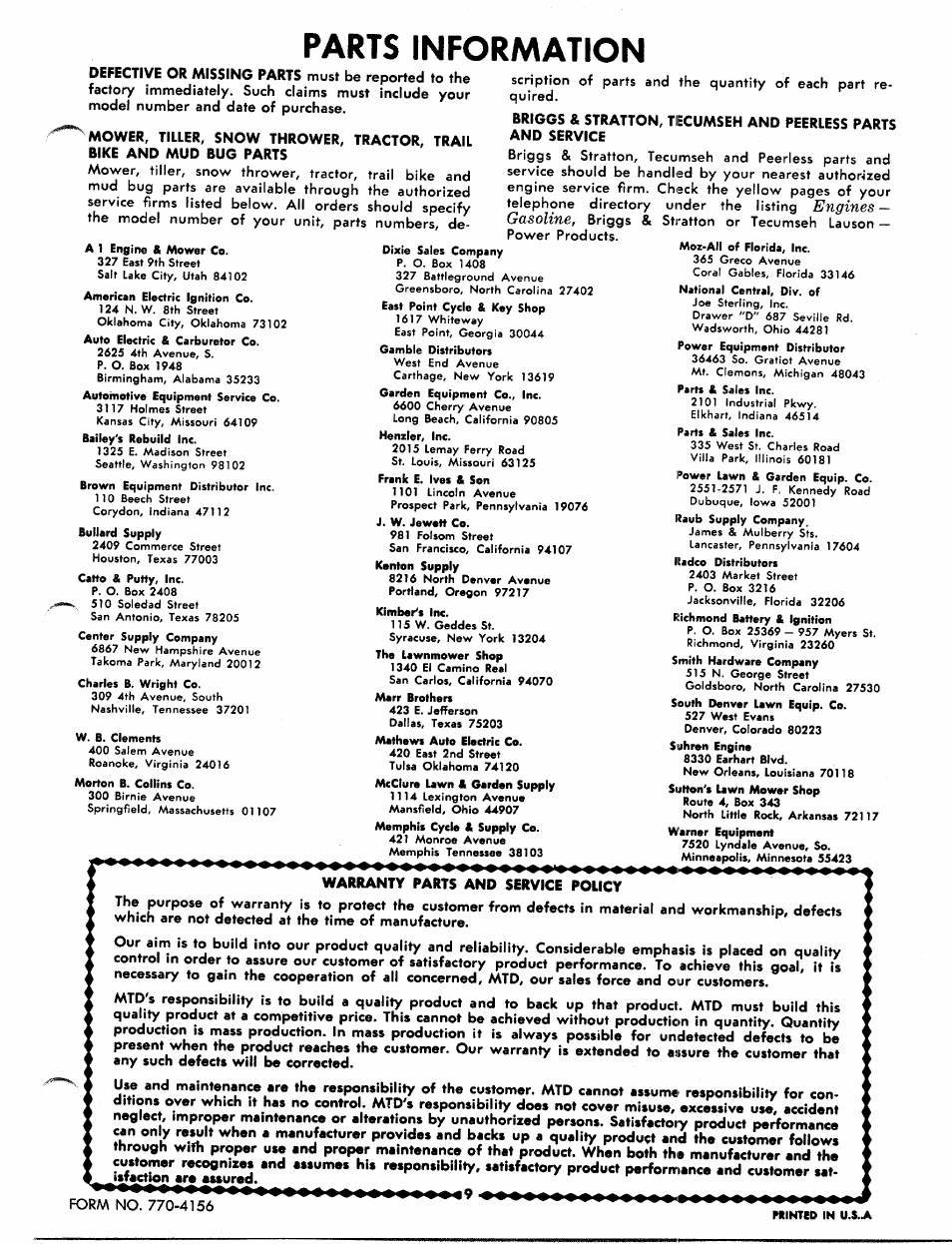 Parts information, Engines, Gasoline | MTD 113-112 User Manual | Page 9 / 9