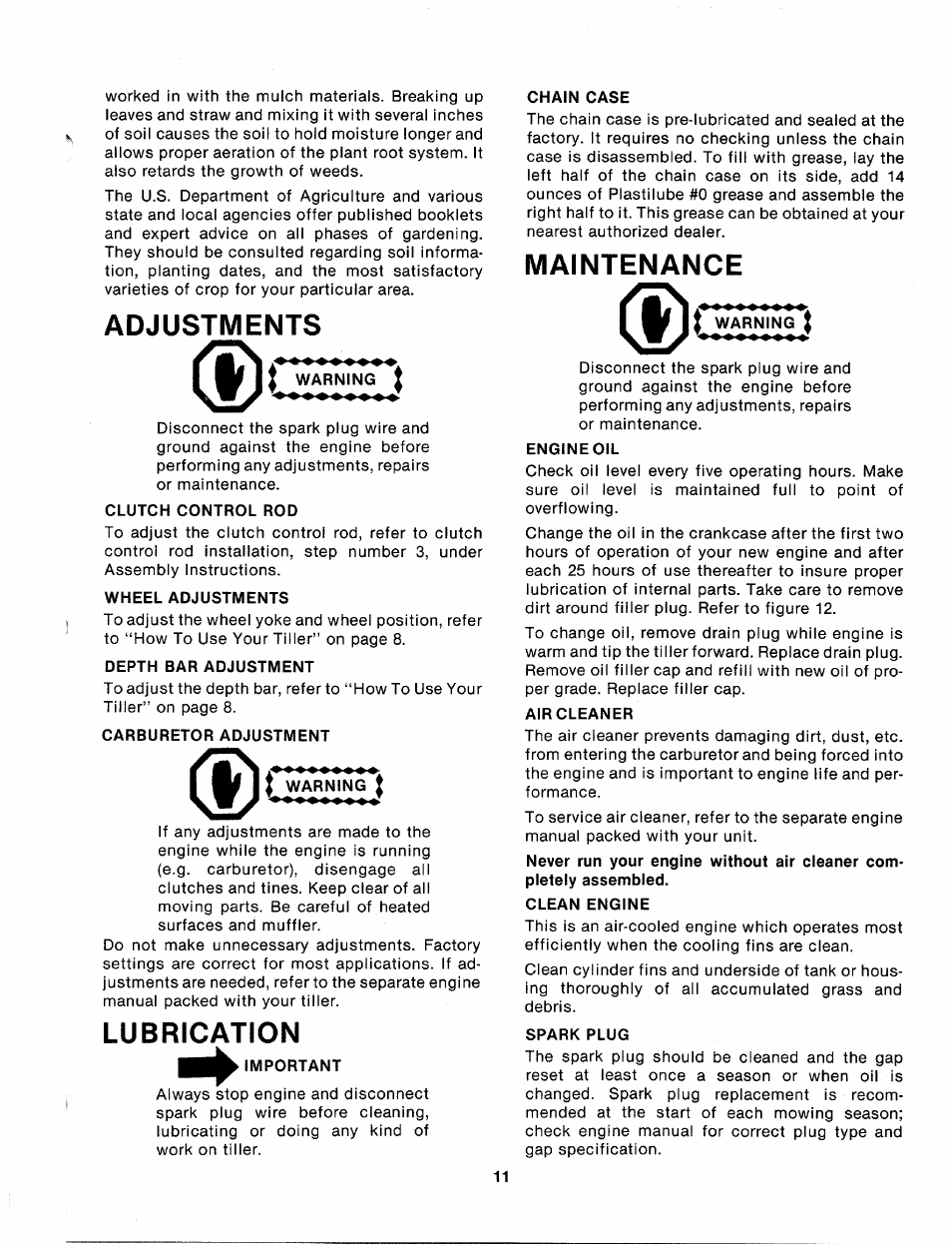 Adjustments, Lubrication, Maintenance | Lubrication maintenance | MTD 214-381-000 User Manual | Page 11 / 23